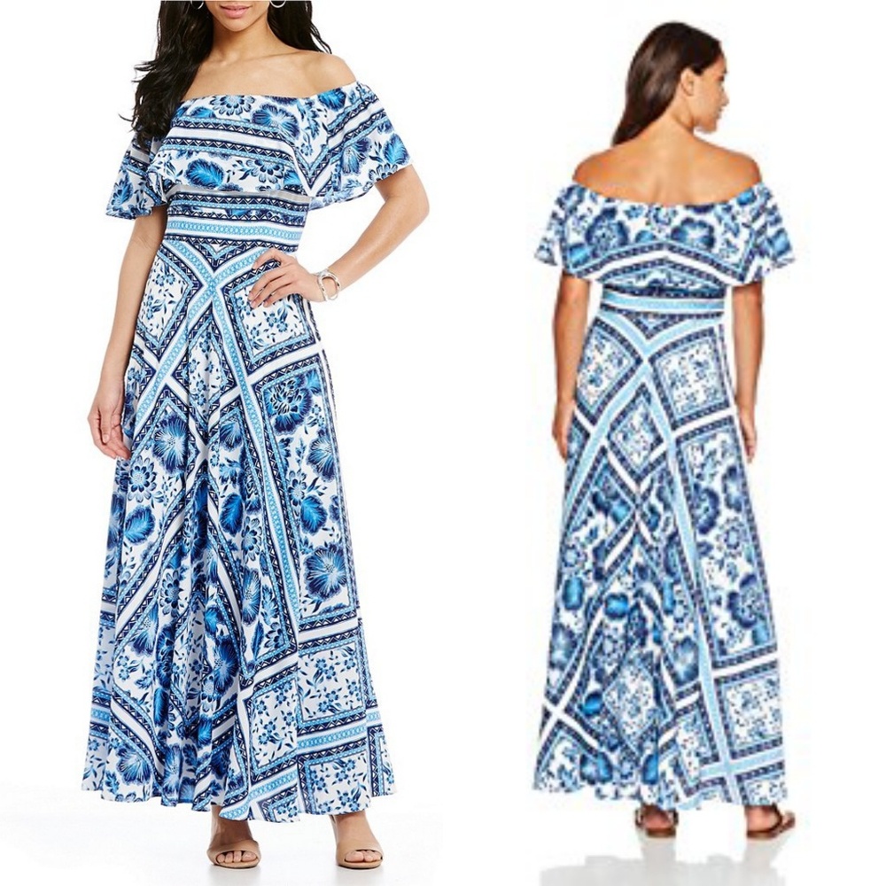 ELIZA J SCARF PRINT OFF SHOULDER DRESS 🆕